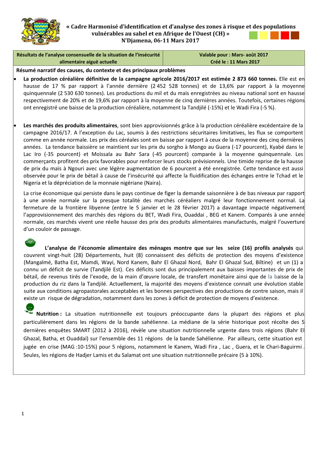 Cadre Harmonisé D'identification Et D'analyse Des Zones À Risque Et Des Populations Vulnérables Au Sahel Et En Afrique