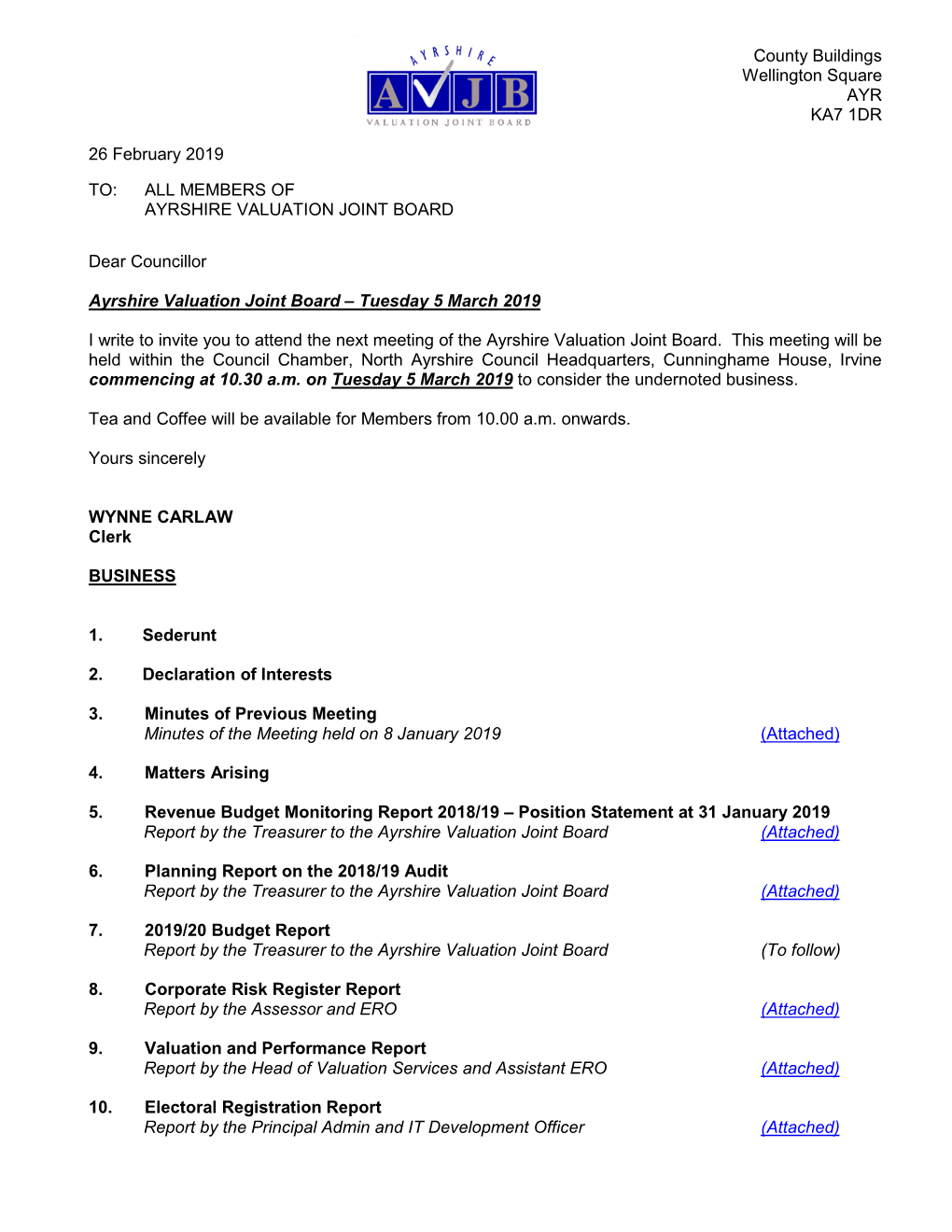 County Buildings Wellington Square AYR KA7 1DR 26 February 2019