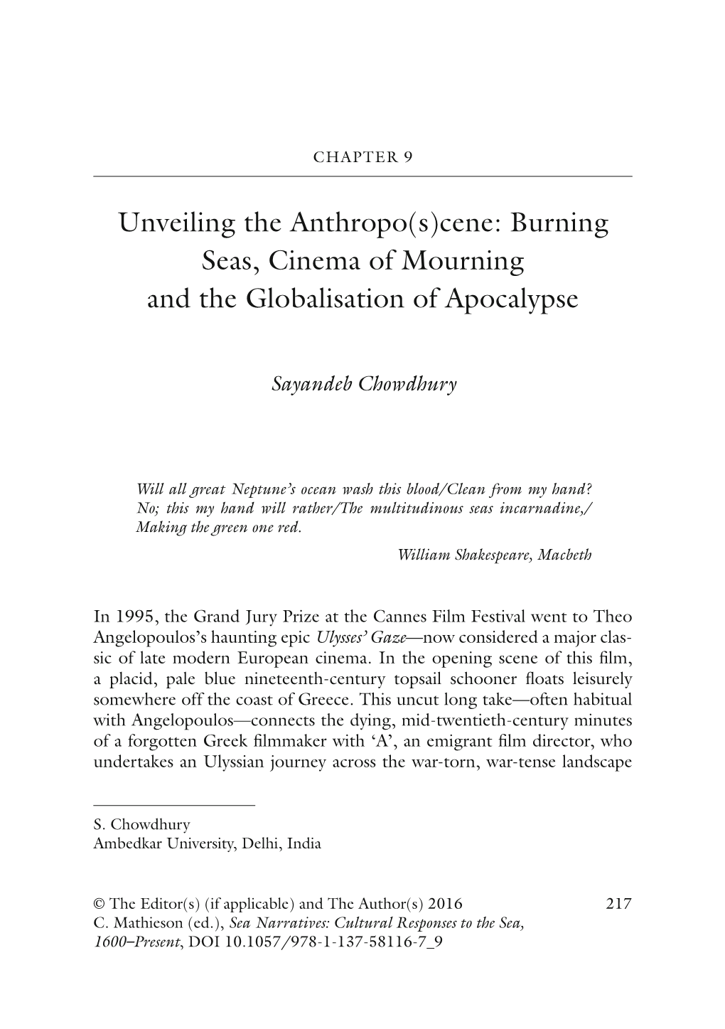 Unveiling the Anthropo(S)Cene: Burning Seas, Cinema of Mourning and the Globalisation of Apocalypse