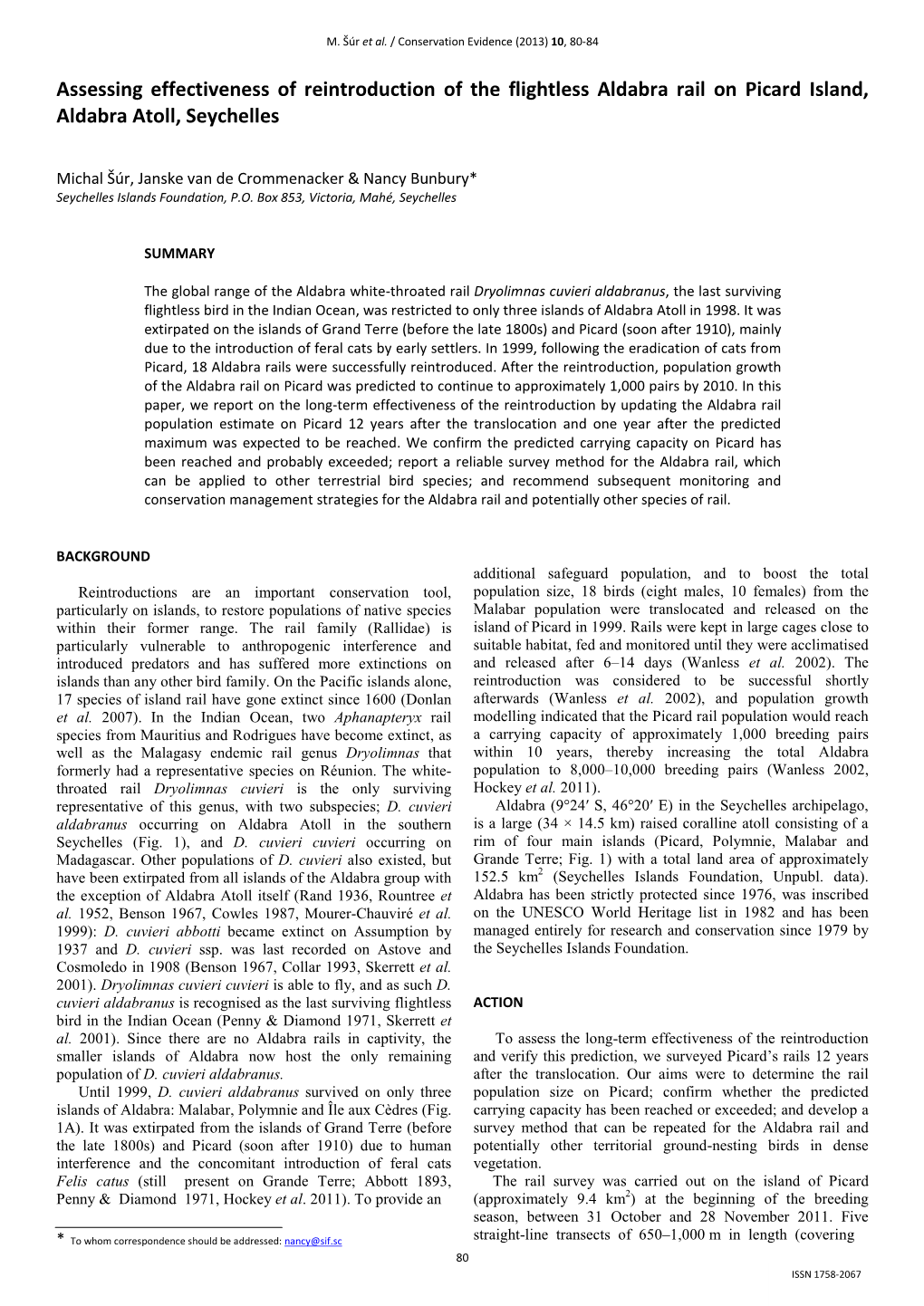 Assessing Effectiveness of Reintroduction of the Flightless Aldabra Rail on Picard Island, Aldabra Atoll, Seychelles