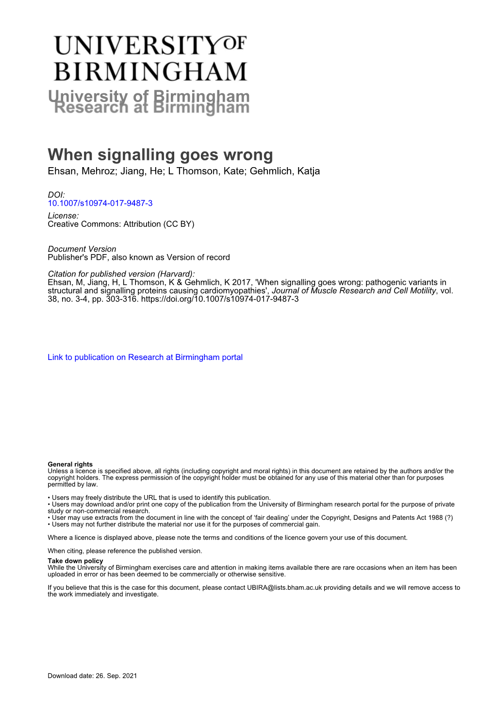 When Signalling Goes Wrong: Pathogenic Variants in Structural and Signalling Proteins Causing Cardiomyopathies', Journal of Muscle Research and Cell Motility, Vol