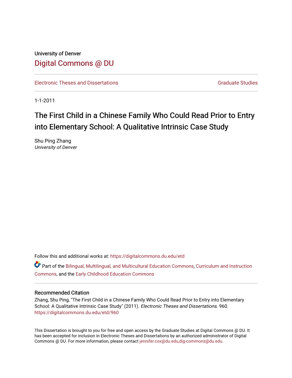 The First Child in a Chinese Family Who Could Read Prior to Entry Into Elementary School: a Qualitative Intrinsic Case Study