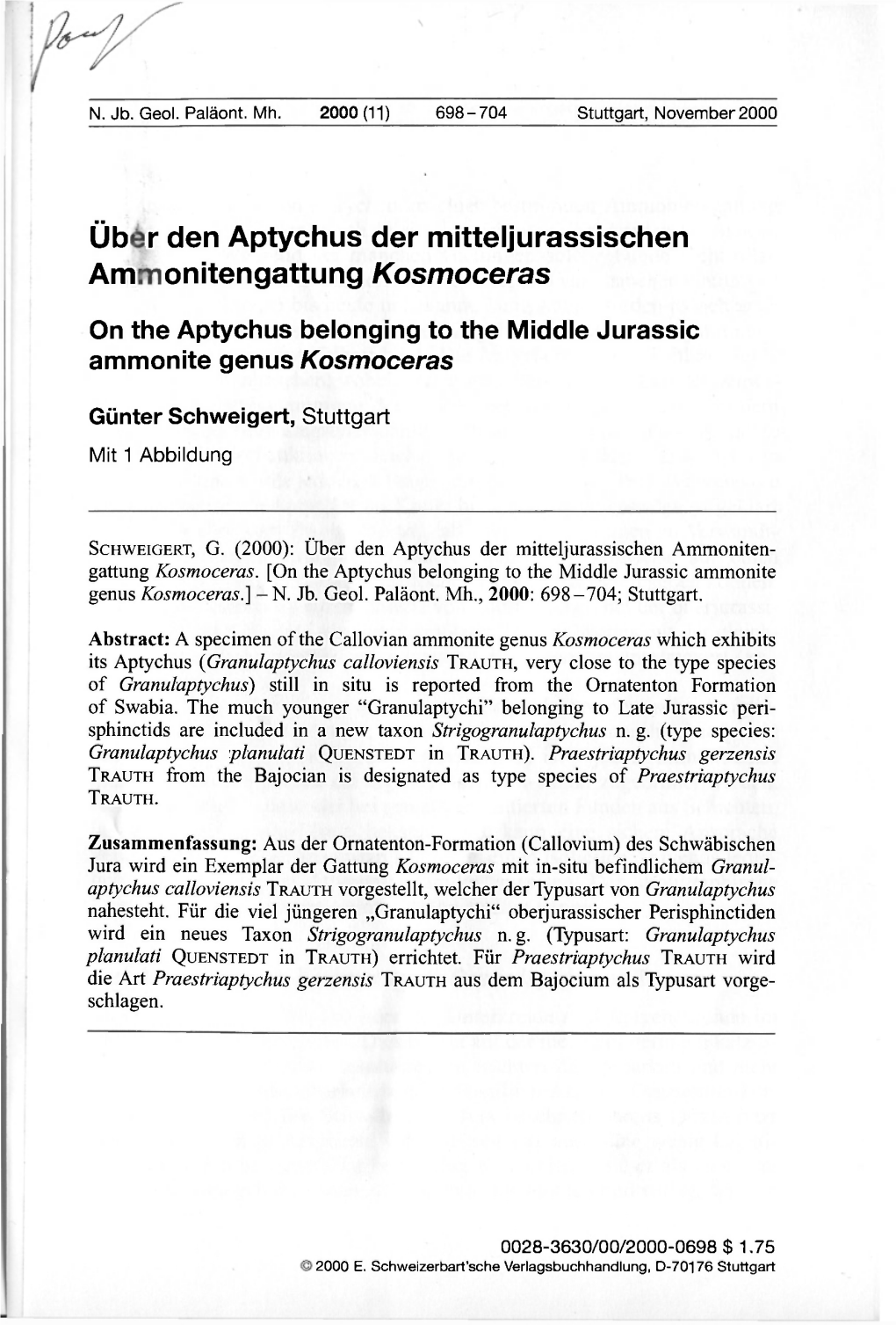 Über Den Aptychus Der Mitteljurassischen Ammonitengattung Kosmoceras