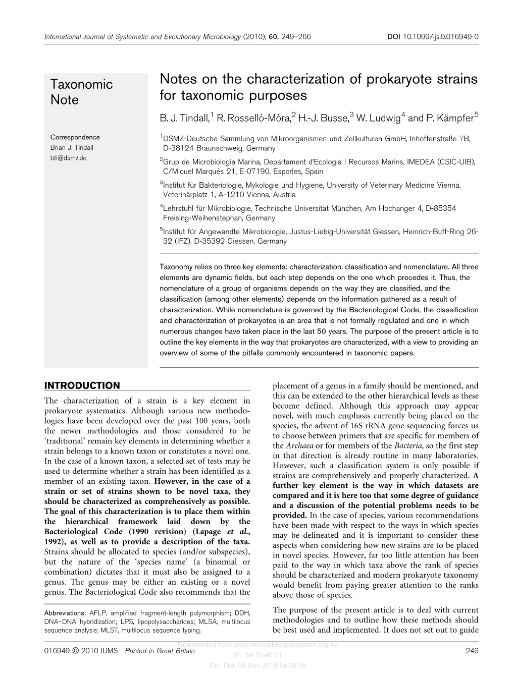 Notes on the Characterization of Prokaryote Strains Note for Taxonomic Purposes B