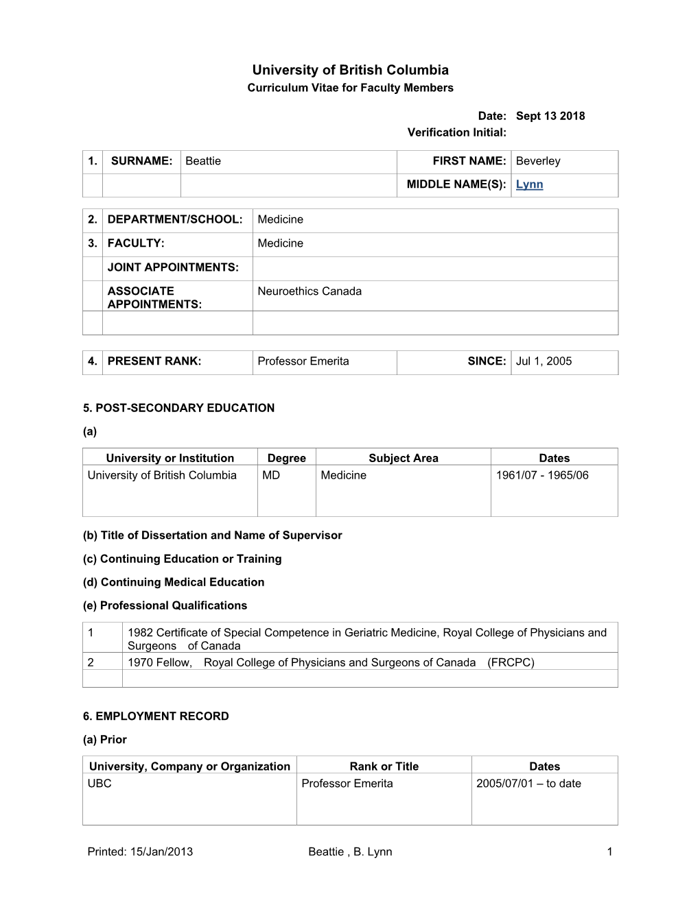 University of British Columbia Curriculum Vitae for Faculty Members