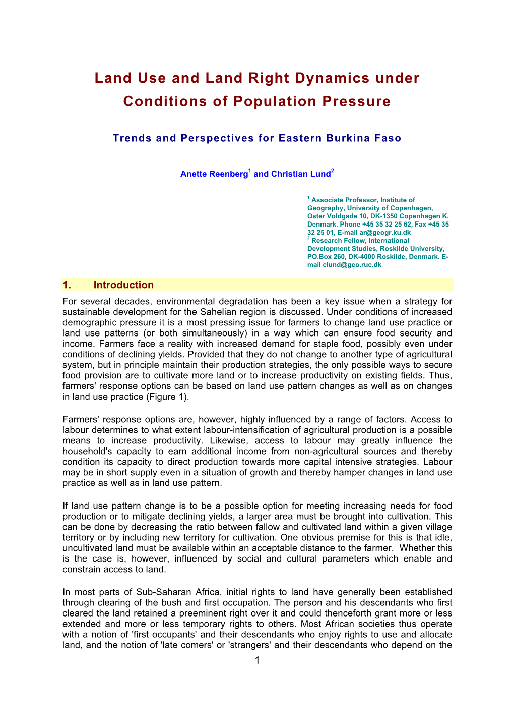 Land Use and Land Right Dynamics Under Conditions of Population Pressure