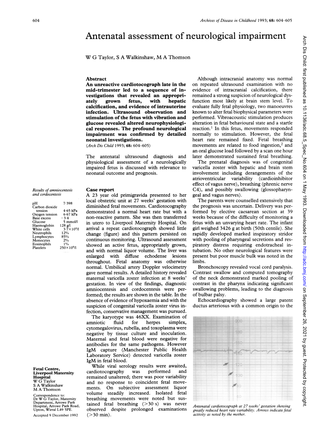 Antenatal Assessment of Neurological Impairment Arch Dis Child: First Published As 10.1136/Adc.68.5 Spec No.604 on 1 May 1993