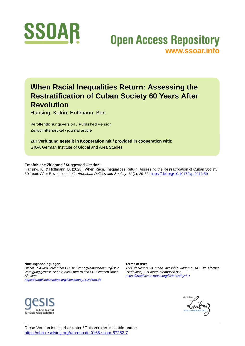 When Racial Inequalities Return: Assessing the Restratification of Cuban Society 60 Years After Revolution Hansing, Katrin; Hoffmann, Bert