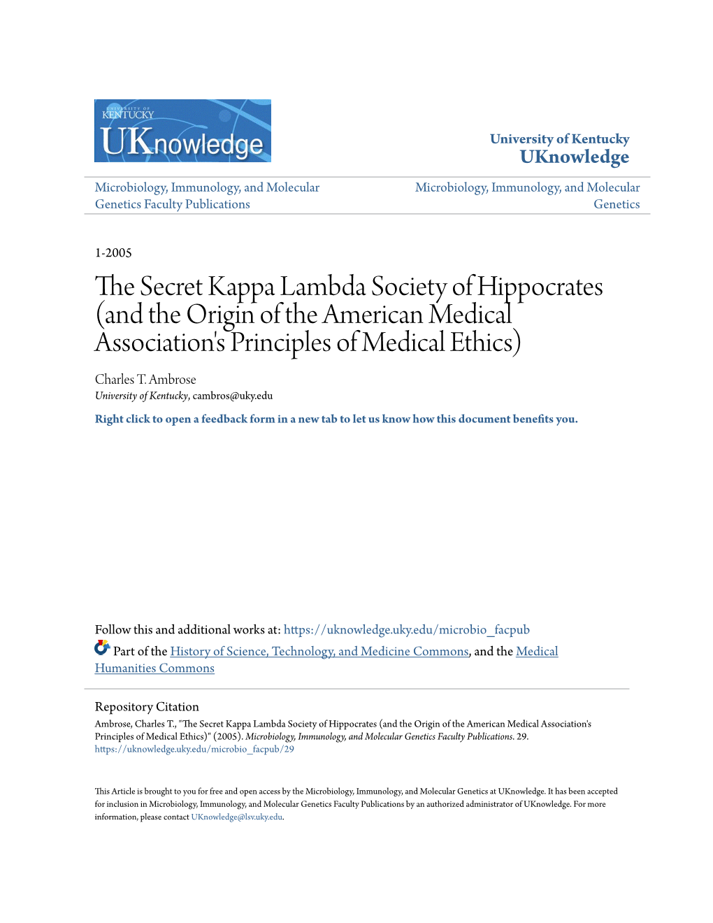 The Secret Kappa Lambda Society of Hippocrates (And the Origin of the American Medical Association's Principles of Medical Ethics)