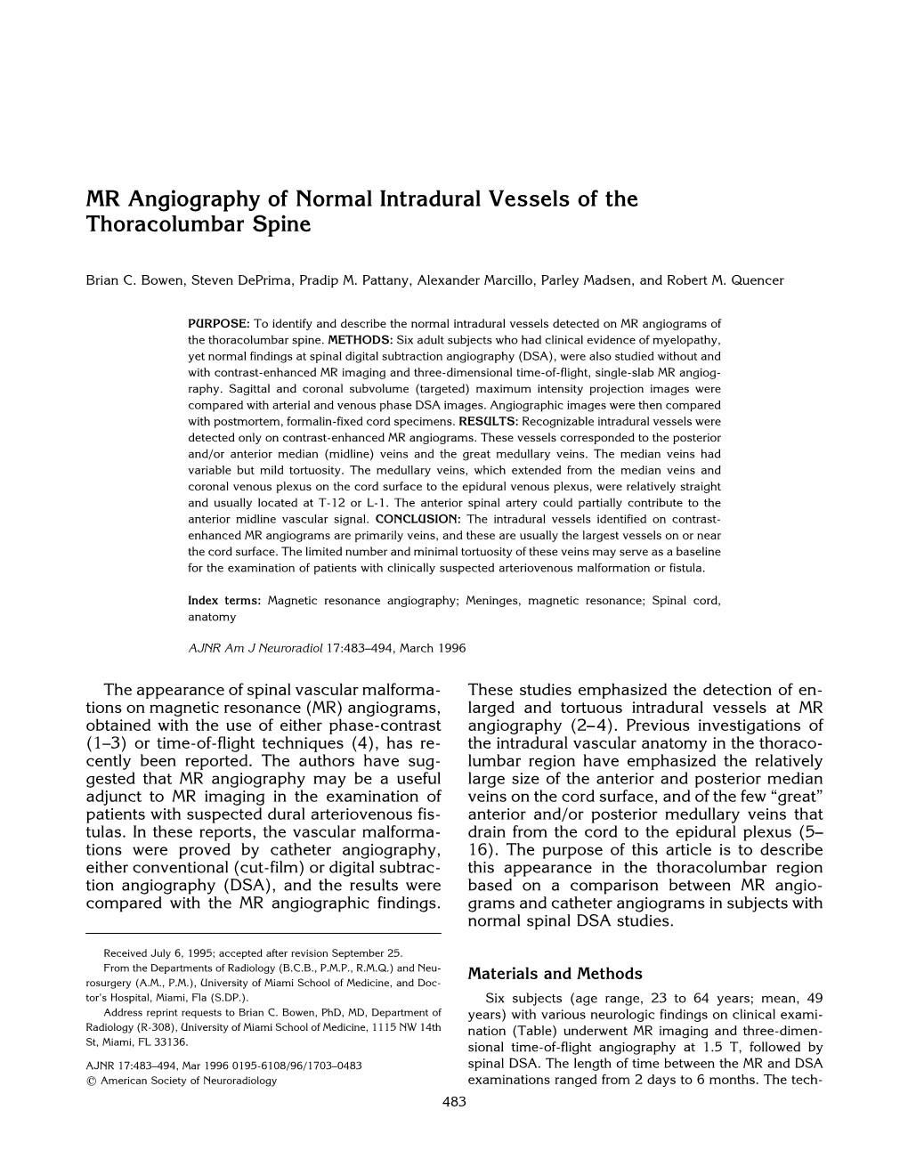 MR Angiography of Normal Intradural Vessels of the Thoracolumbar Spine