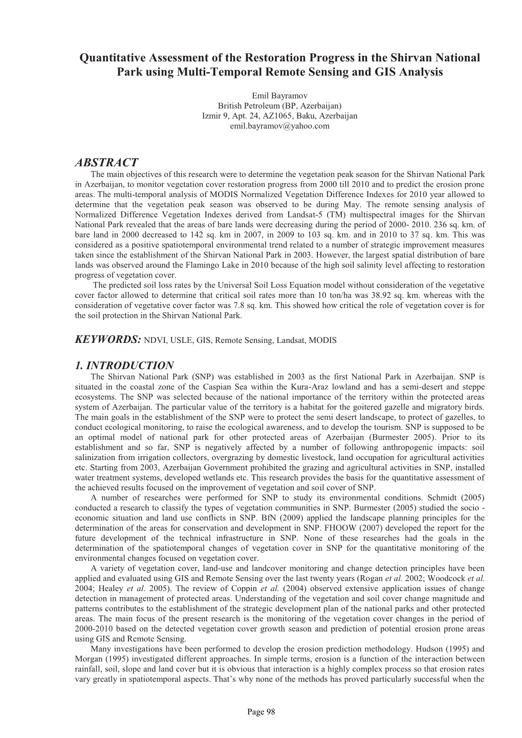 Quantitative Assessment of the Restoration Progress in the Shirvan National Park Using Multi-Temporal Remote Sensing and GIS Analysis