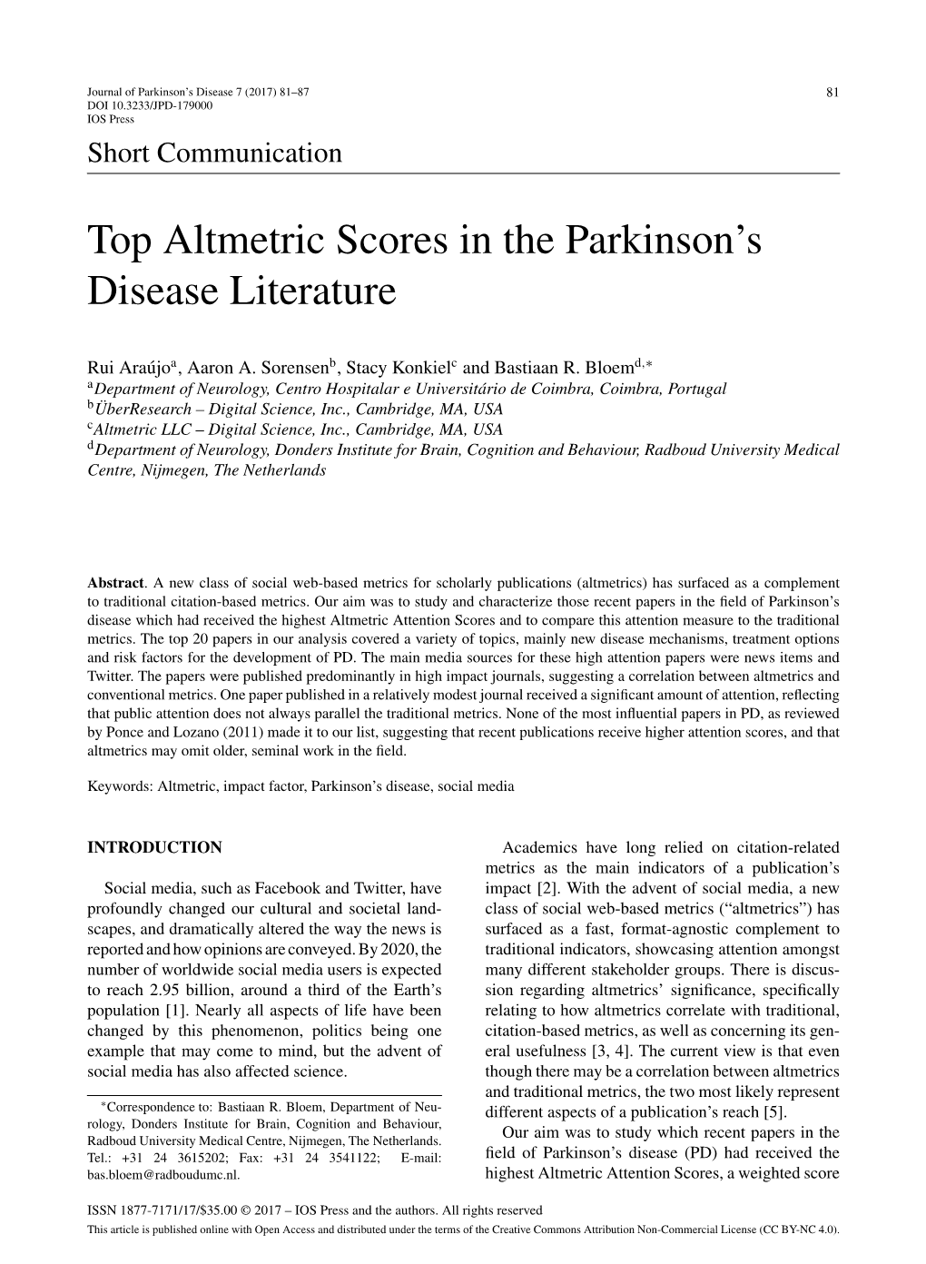 Top Altmetric Scores in the Parkinson's Disease Literature
