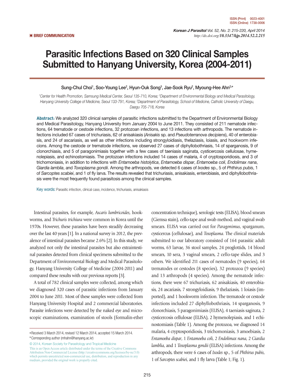 Parasitic Infections Based on 320 Clinical Samples Submitted to Hanyang University, Korea (2004-2011)
