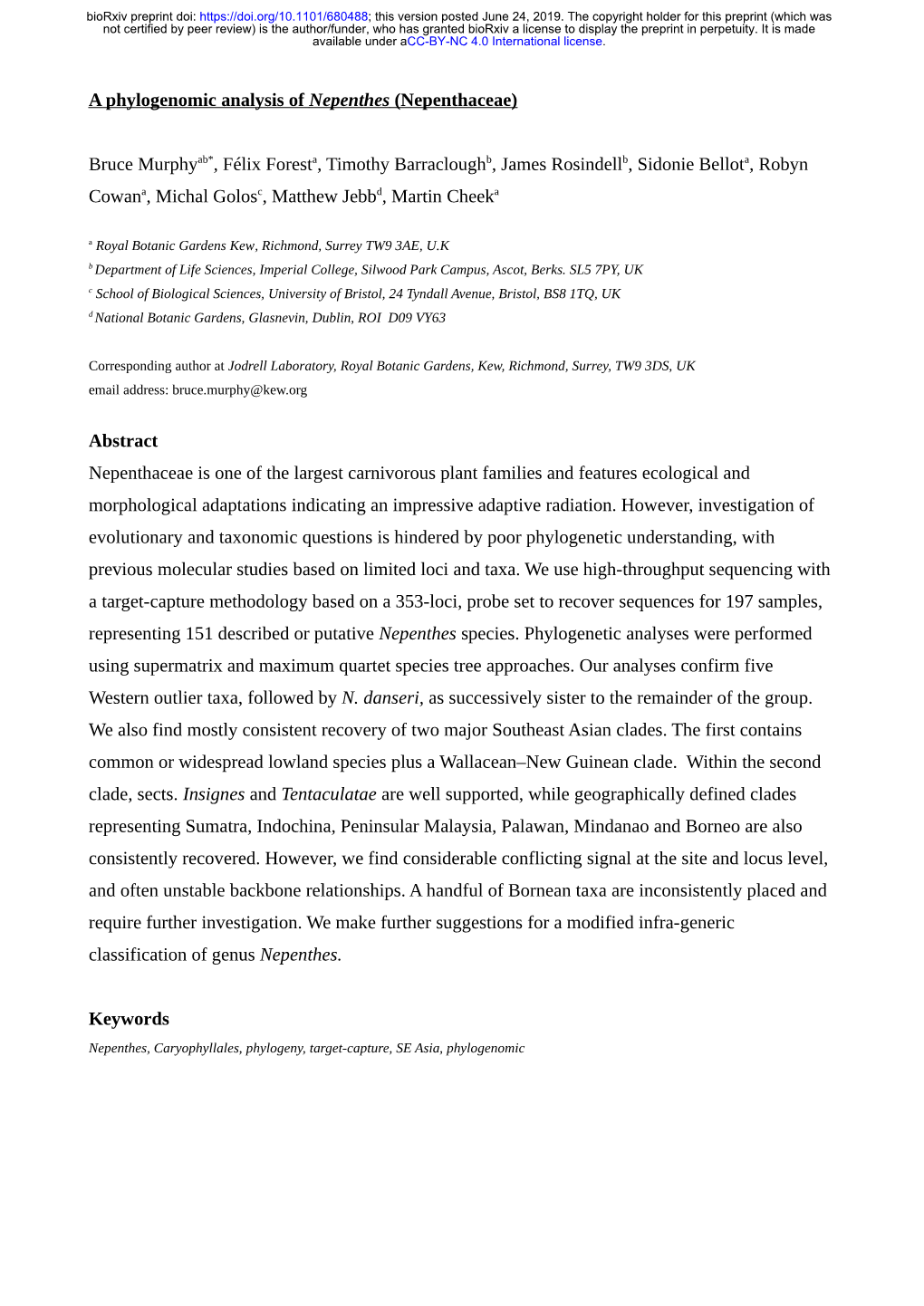 A Phylogenomic Analysis of Nepenthes (Nepenthaceae)