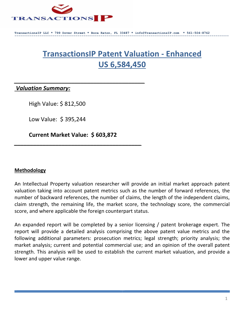 Transactionsip Patent Valuation - Enhanced US 6,584,450