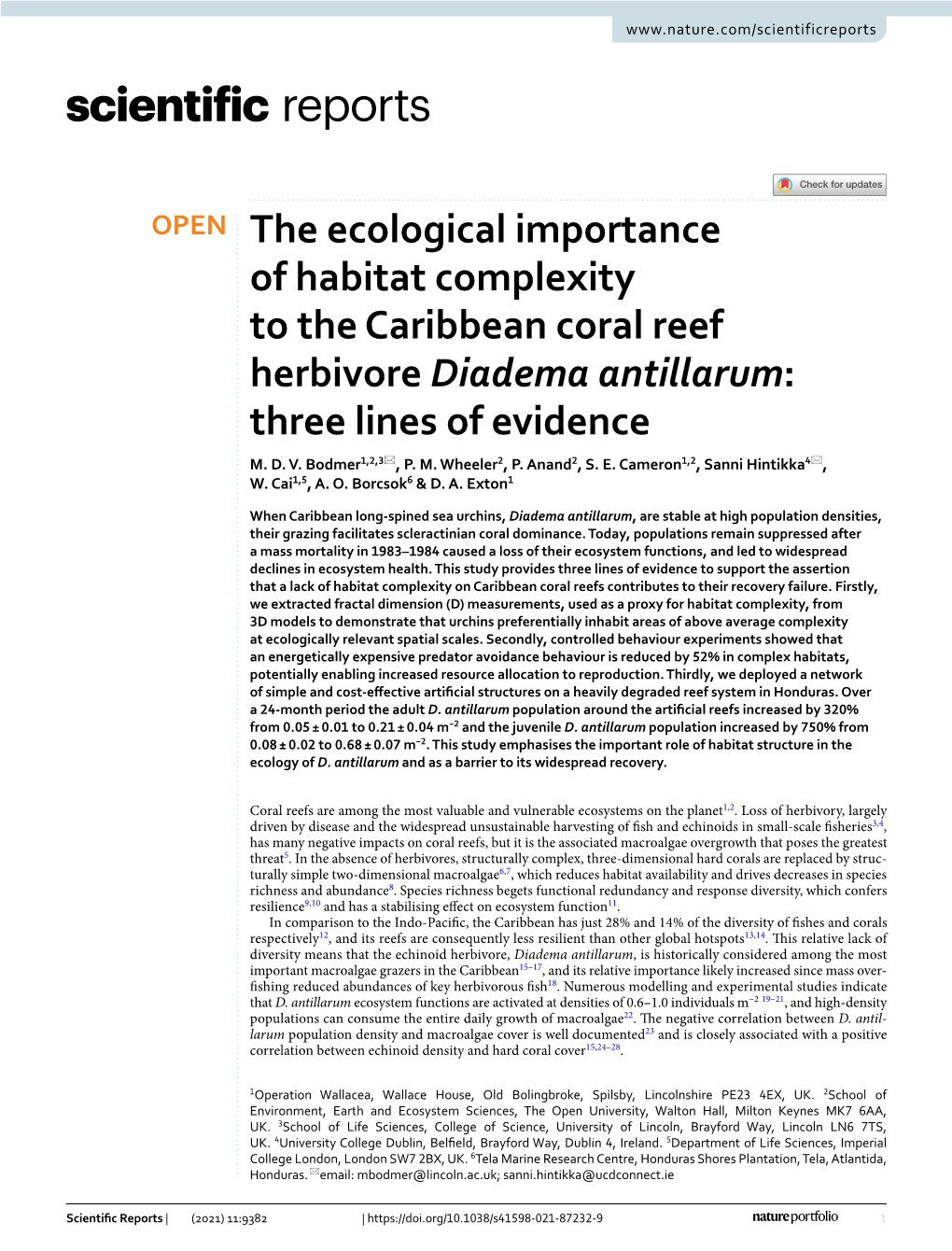 The Ecological Importance of Habitat Complexity to the Caribbean Coral Reef Herbivore Diadema Antillarum: Three Lines of Evidence M
