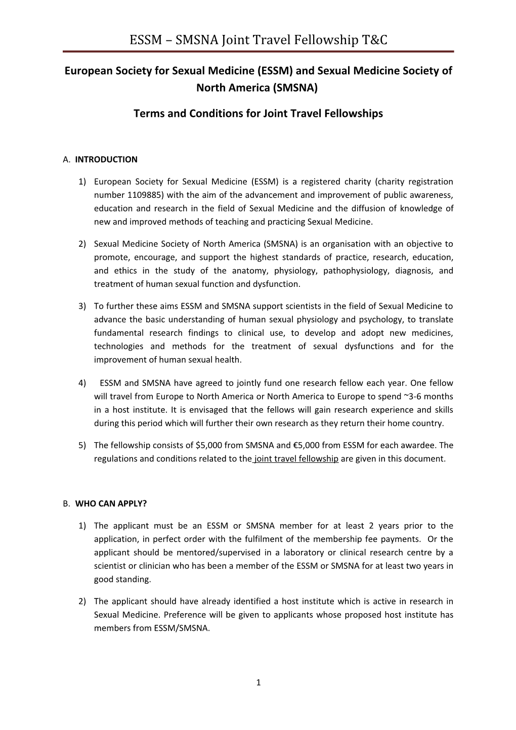 ESSM SMSNA Joint Travel Fellowship T&C