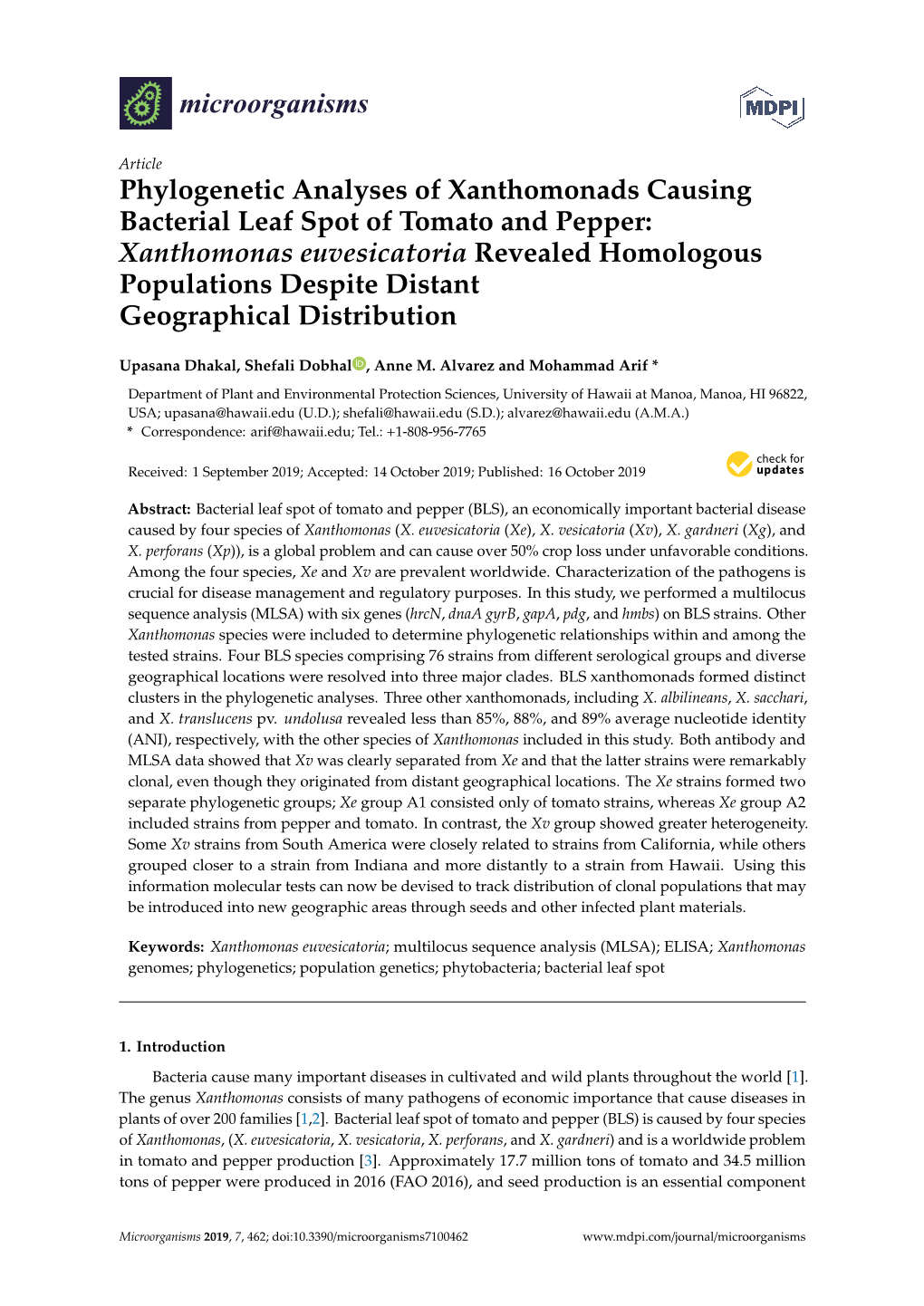 Phylogenetic Analyses of Xanthomonads Causing Bacterial