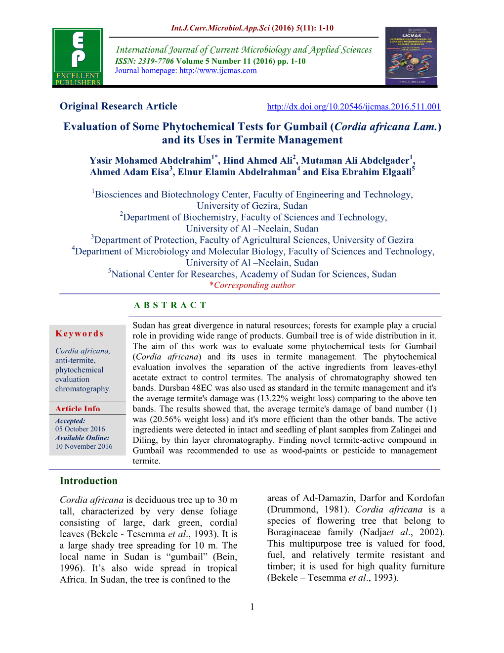 Evaluation of Some Phytochemical Tests for Gumbail (Cordia Africana Lam.) and Its Uses in Termite Management