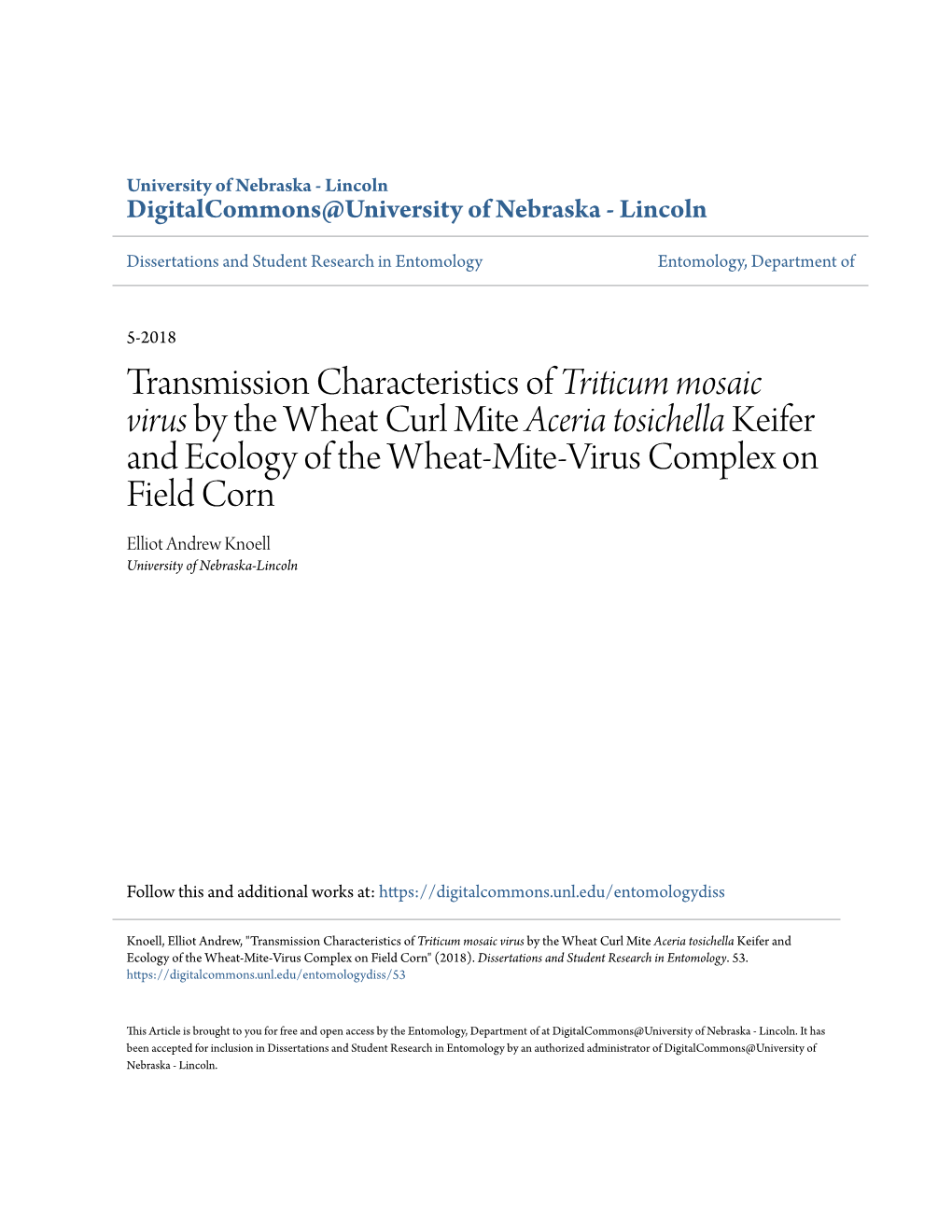Transmission Characteristics of Triticum Mosaic Virus by the Wheat