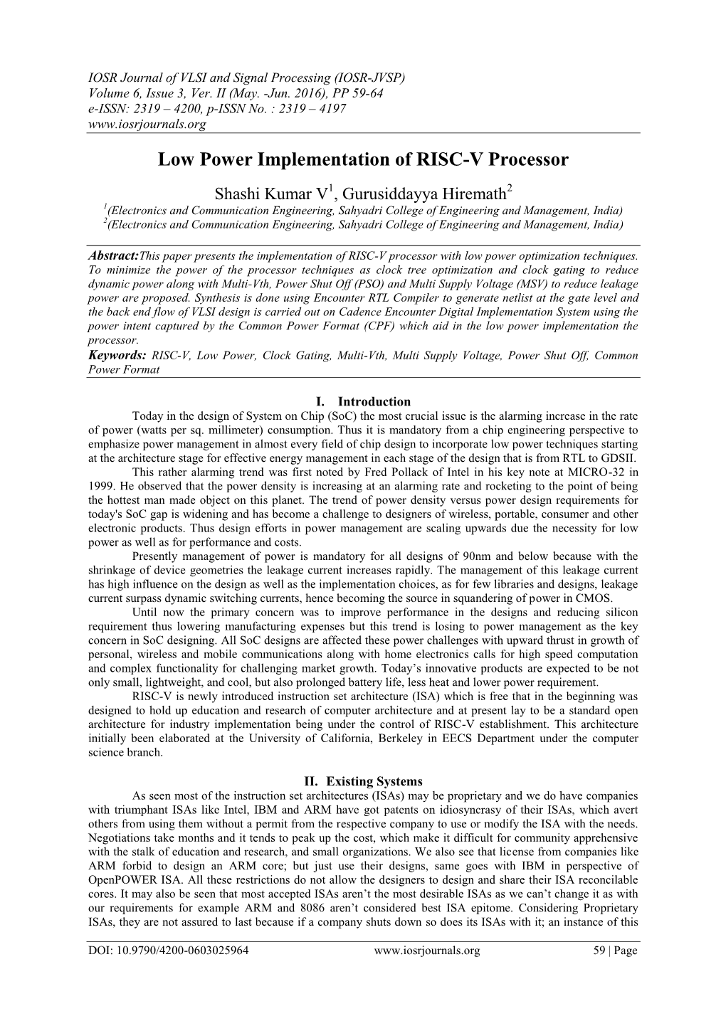 Low Power Implementation of RISC-V Processor