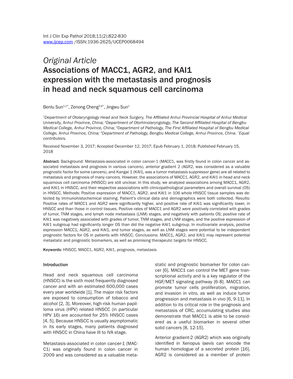 Original Article Associations of MACC1, AGR2, and KAI1 Expression with the Metastasis and Prognosis in Head and Neck Squamous Cell Carcinoma