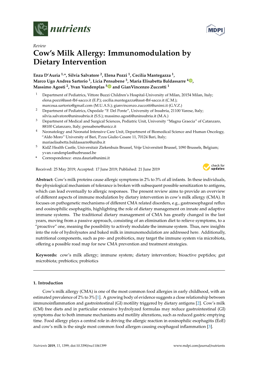 Cow's Milk Allergy: Immunomodulation by Dietary