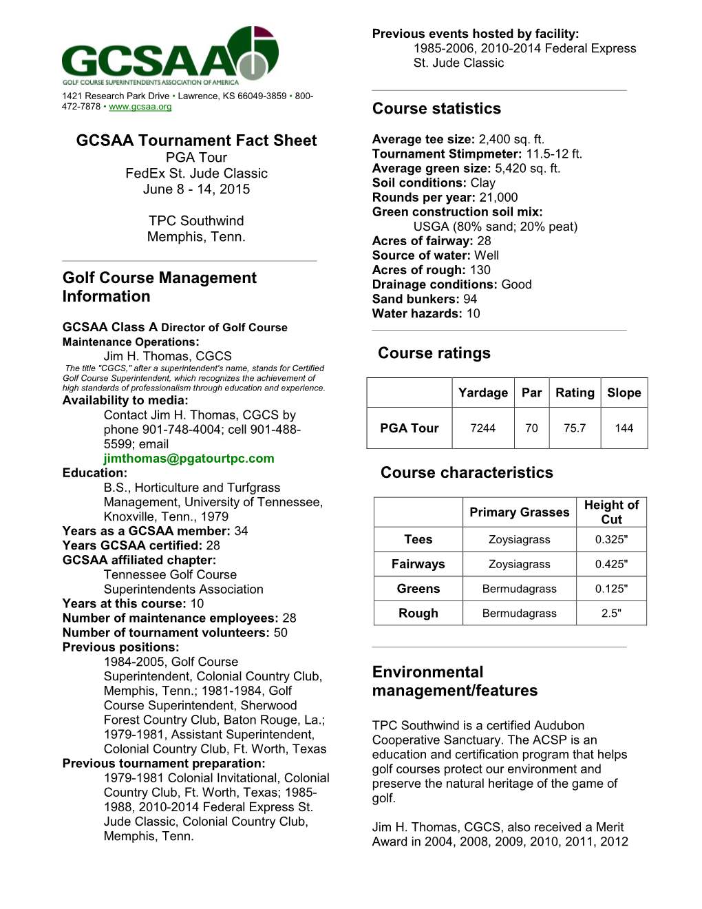 GCSAA Tournament Fact Sheet Golf Course Management Information