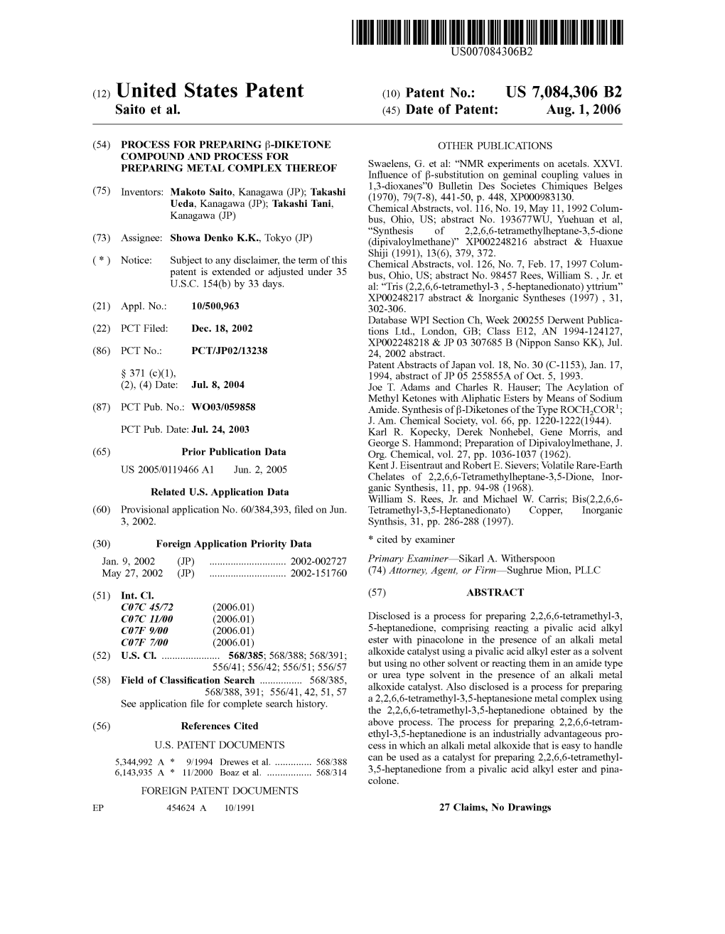 (12) United States Patent (10) Patent No.: US 7,084,306 B2 Saito Et Al