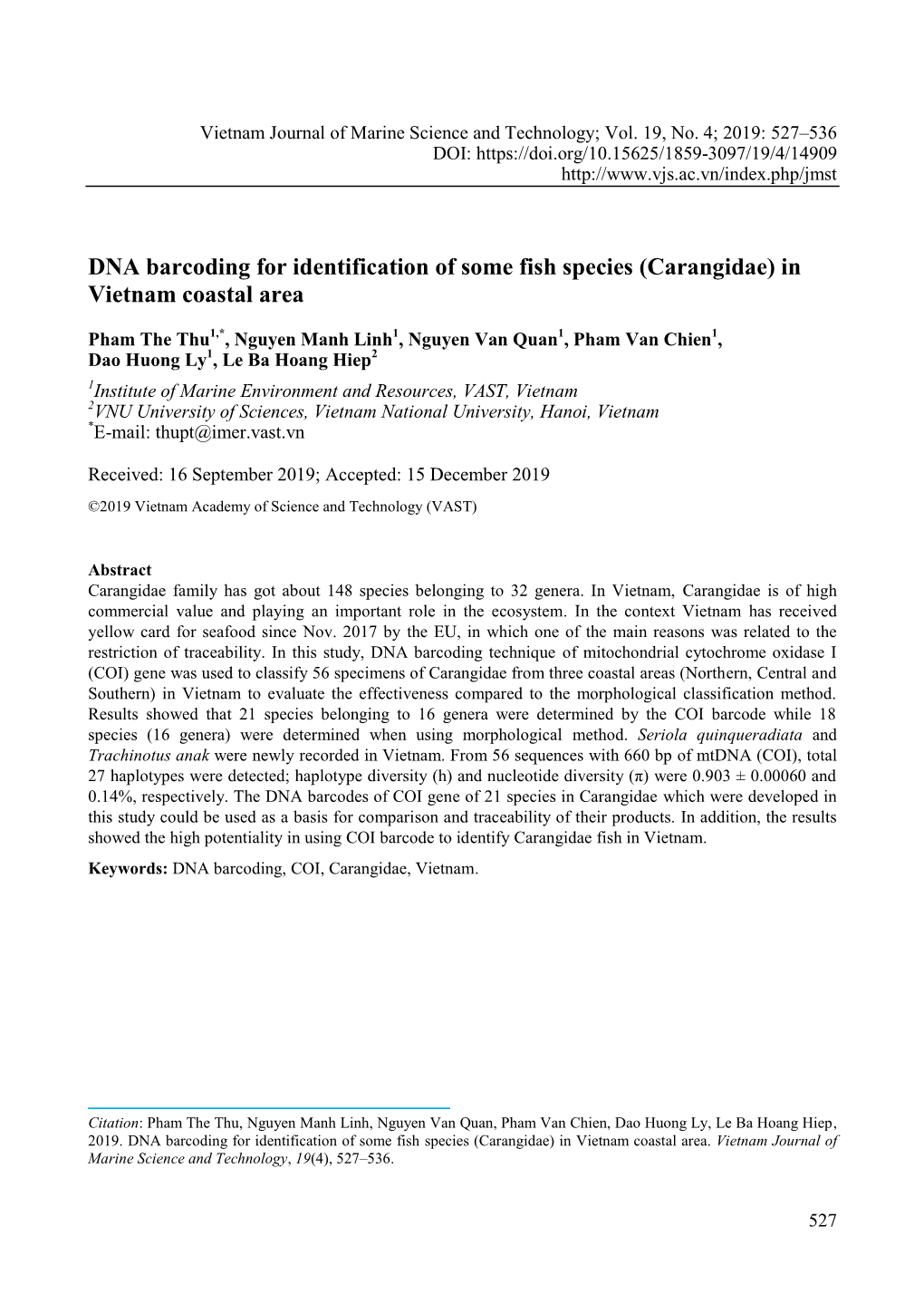 DNA Barcoding for Identification of Some Fish Species (Carangidae) in Vietnam Coastal Area
