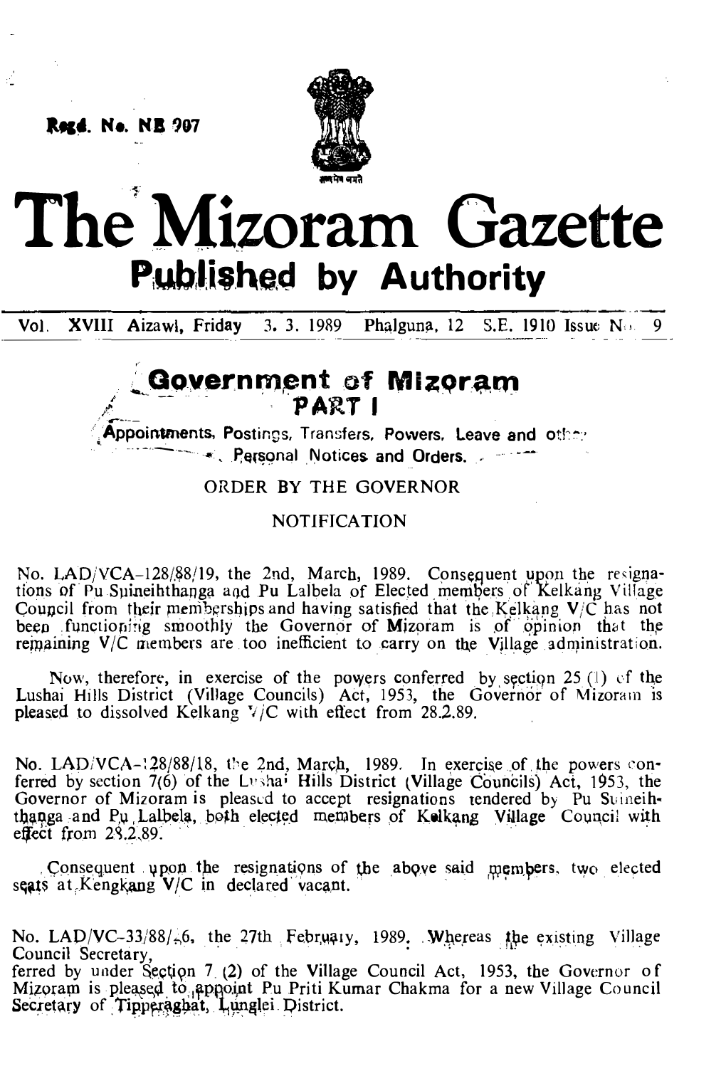 The$ Mizoram Gazette Piubjl,He,D by Authority ------Vol