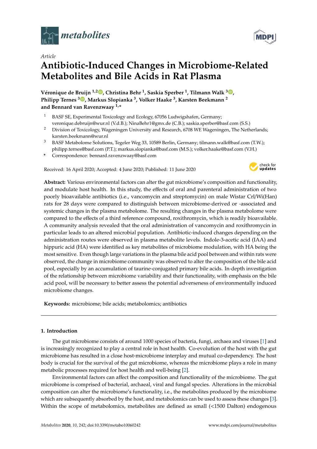 Antibiotic-Induced Changes in Microbiome-Related Metabolites and Bile Acids in Rat Plasma