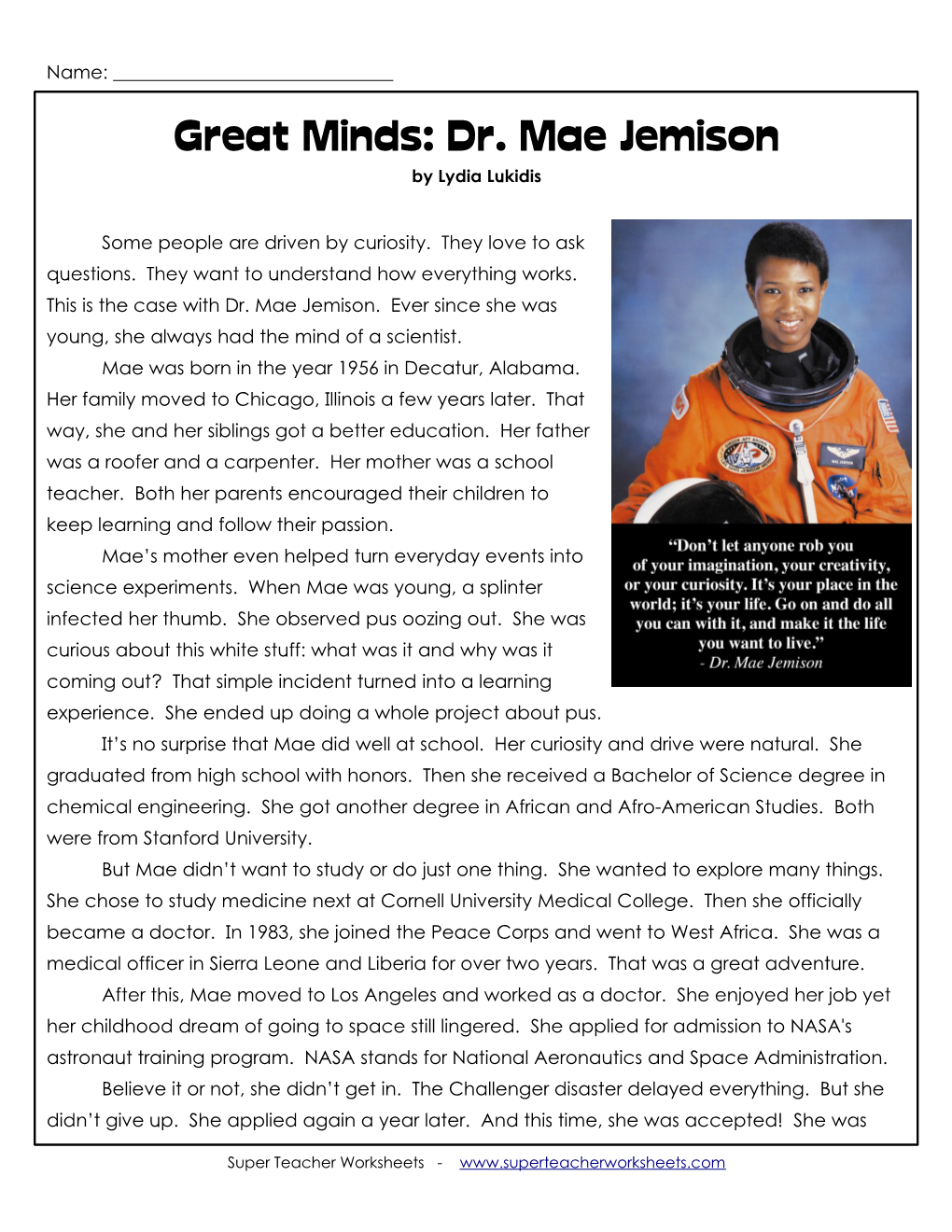 Great Minds: Dr. Mae Jemison by Lydia Lukidis