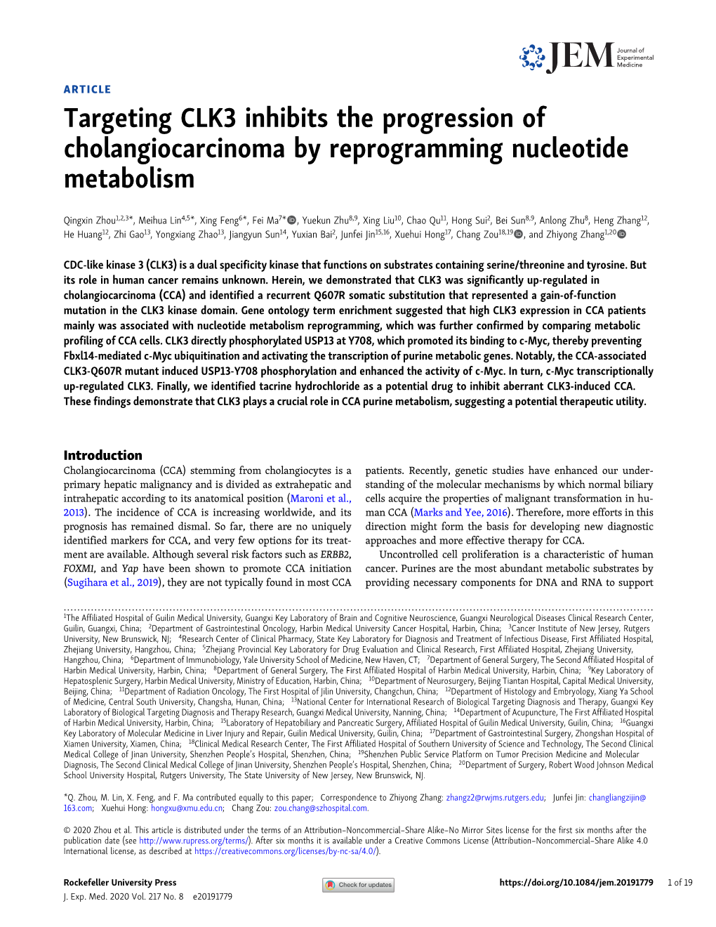 Targeting CLK3 Inhibits the Progression of Cholangiocarcinoma by Reprogramming Nucleotide Metabolism
