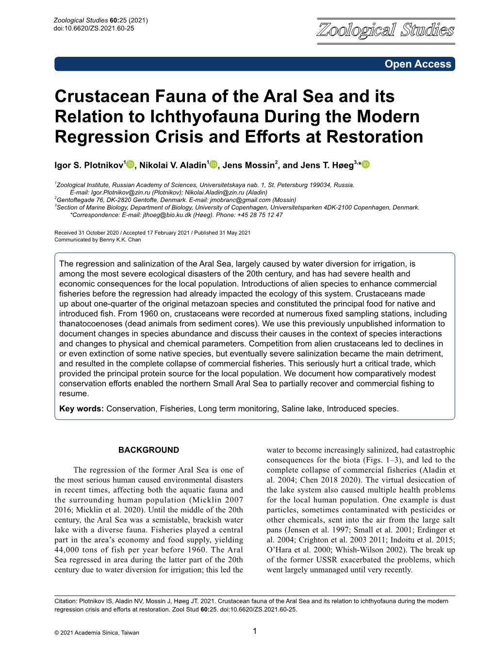 Crustacean Fauna of the Aral Sea and Its Relation to Ichthyofauna During the Modern Regression Crisis and Efforts at Restoration