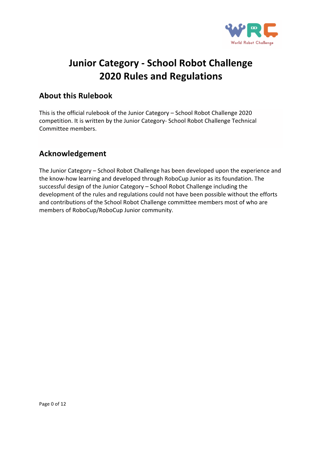 Junior Category - School Robot Challenge 2020 Rules and Regulations