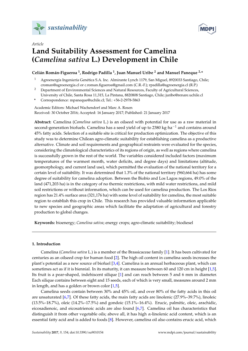 Camelina Sativa L.) Development in Chile