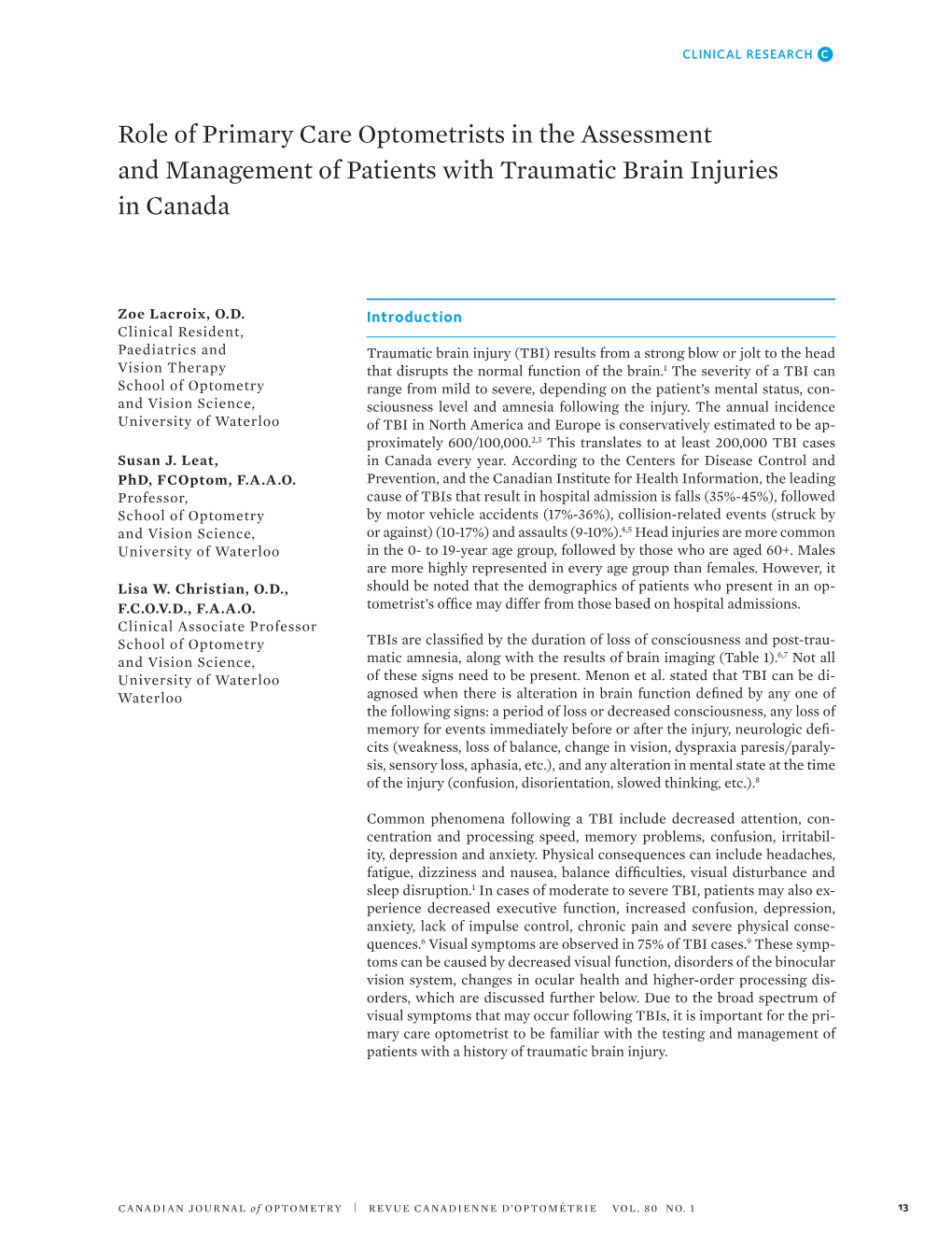 Role of Primary Care Optometrists in the Assessment and Management of Patients with Traumatic Brain Injuries in Canada