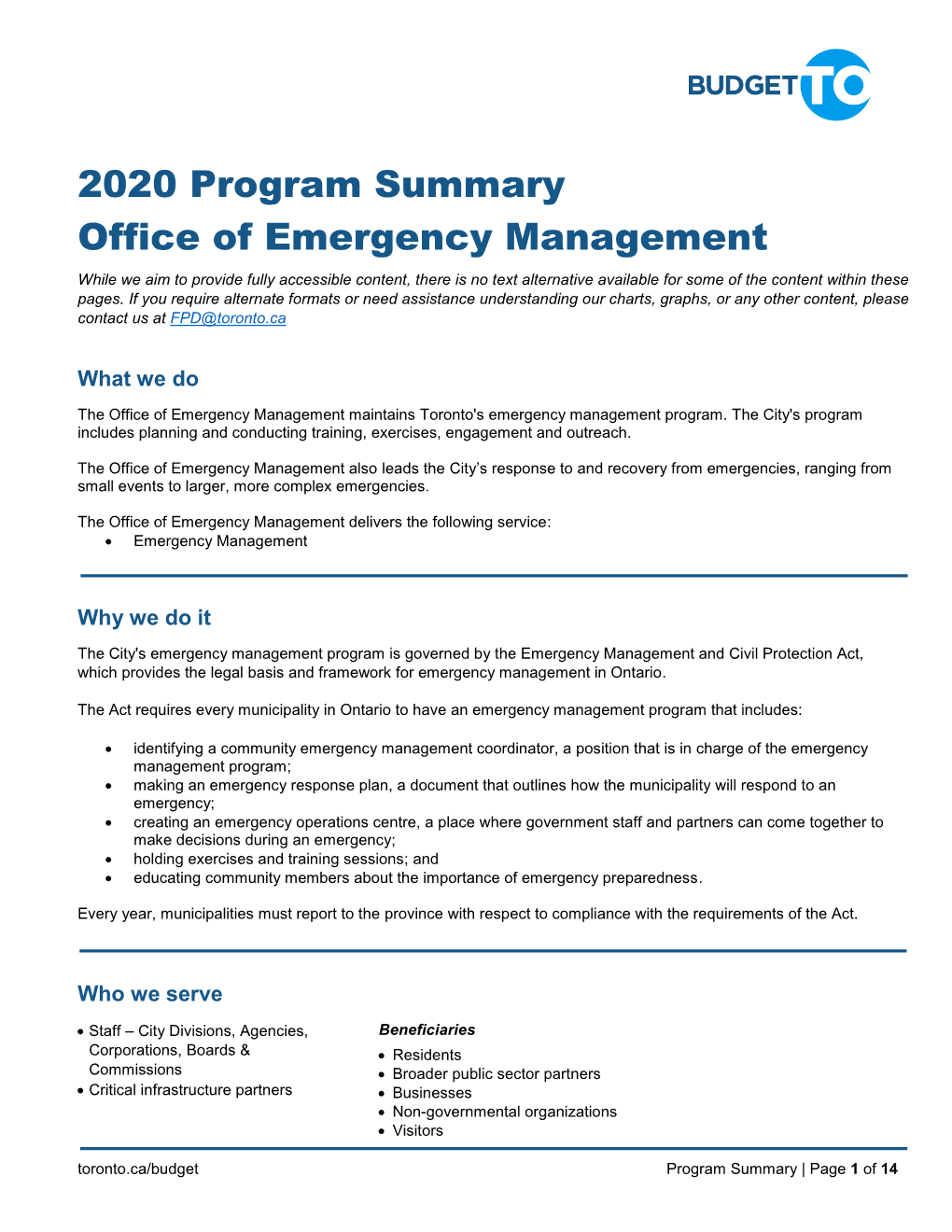 Office of Emergency Management Budget Note 2020