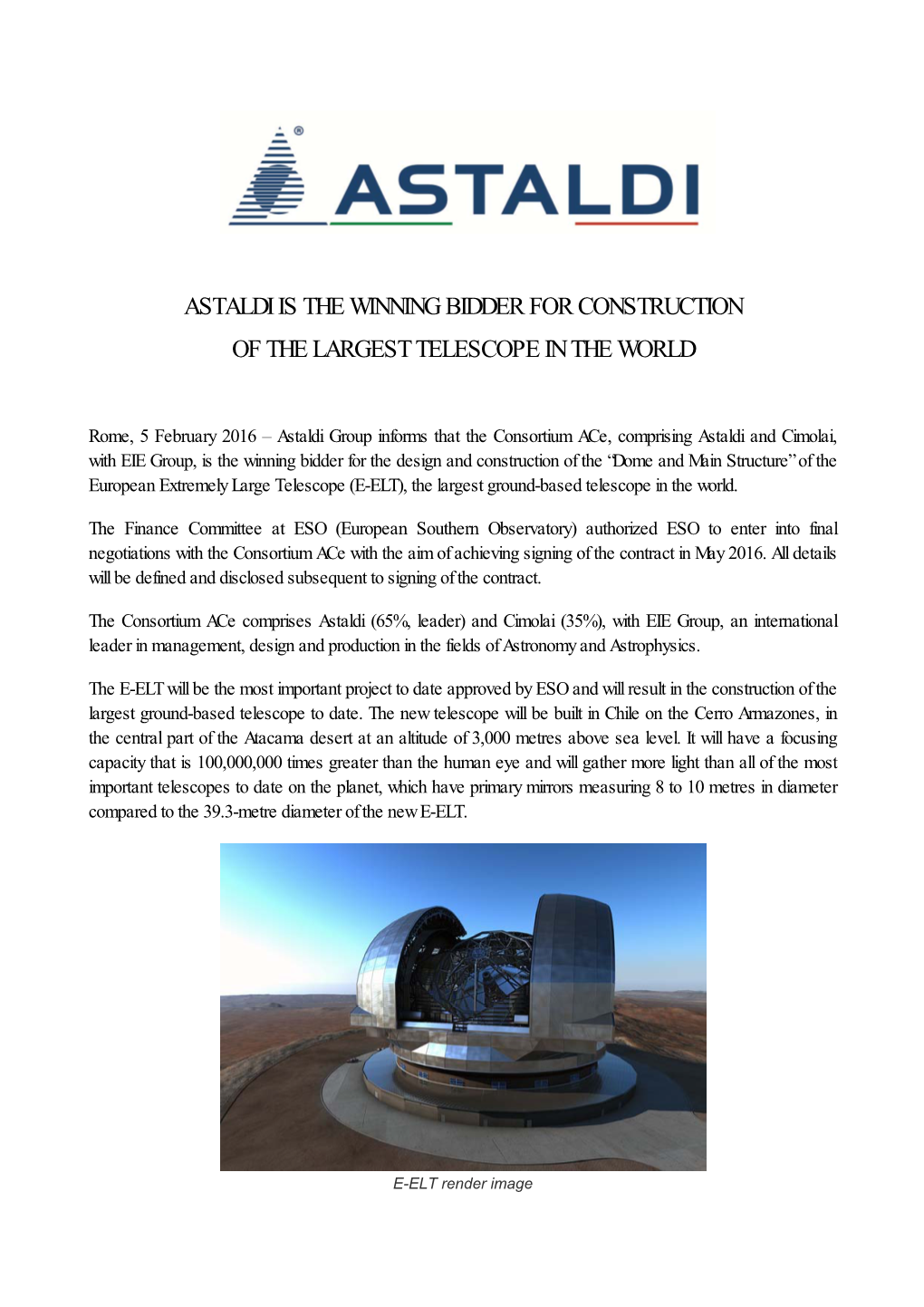 Astaldi Is the Winning Bidder for Construction of the Largest Telescope in the World