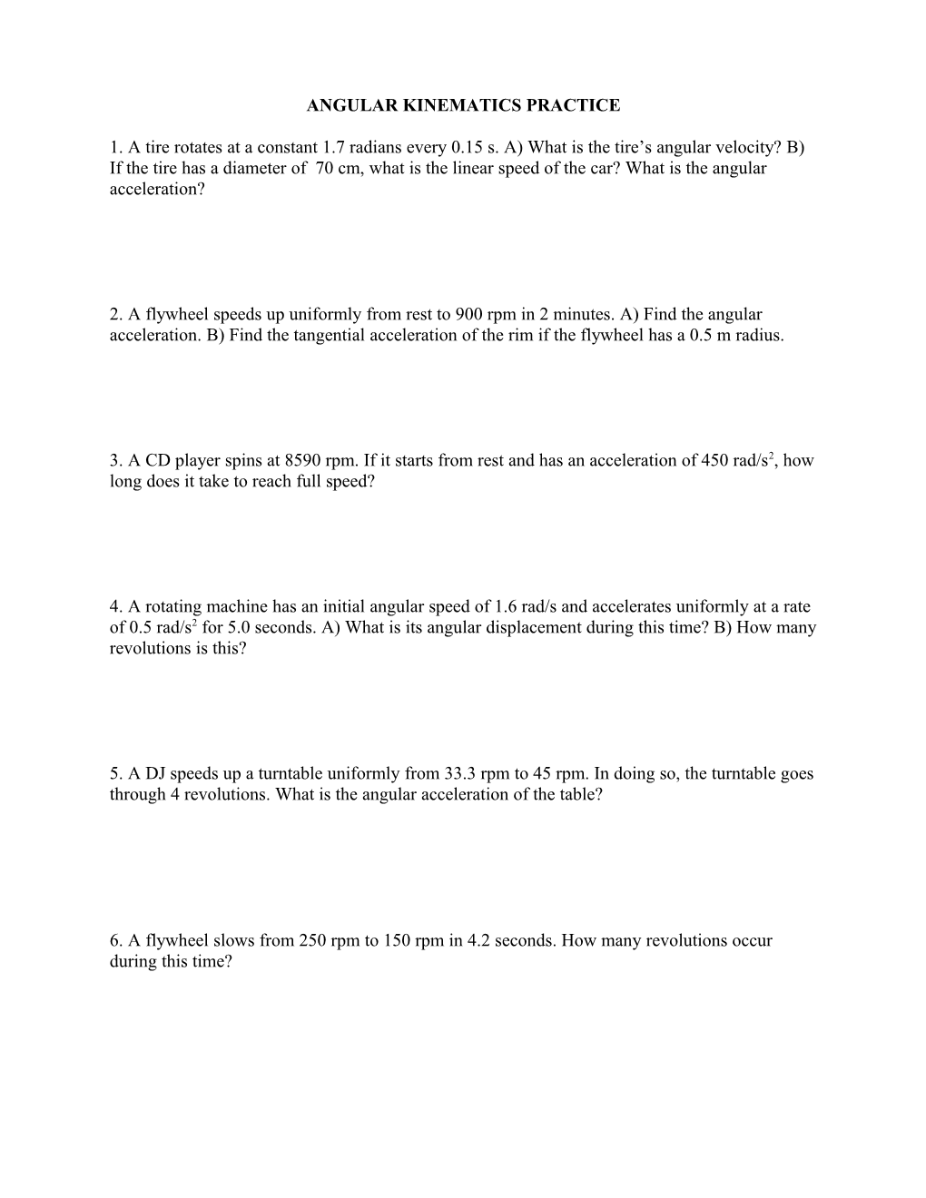 Worksheet on Angular Kinematics (Activity 1-1)