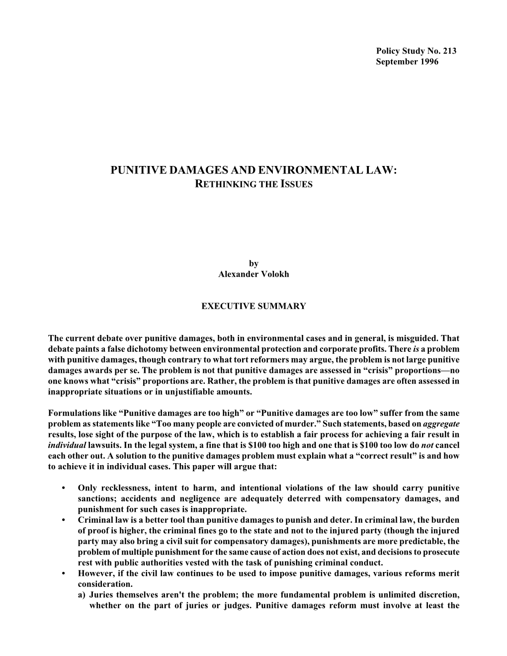 Punitive Damages and Environmental Law: Rethinking the Issues