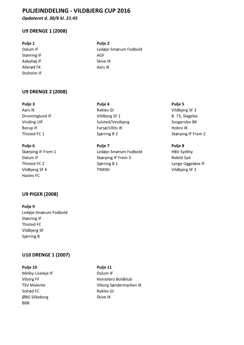 PULJEINDDELING - VILDBJERG CUP 2016 Opdateret D