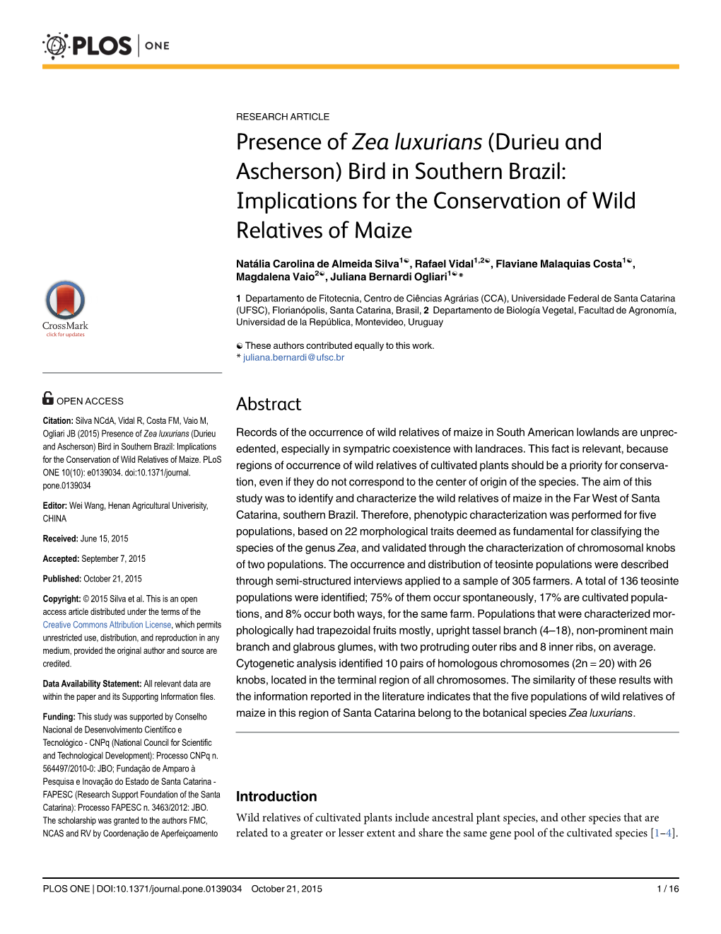 Presence of Zea Luxurians (Durieu and Ascherson) Bird in Southern Brazil: Implications for the Conservation of Wild Relatives of Maize