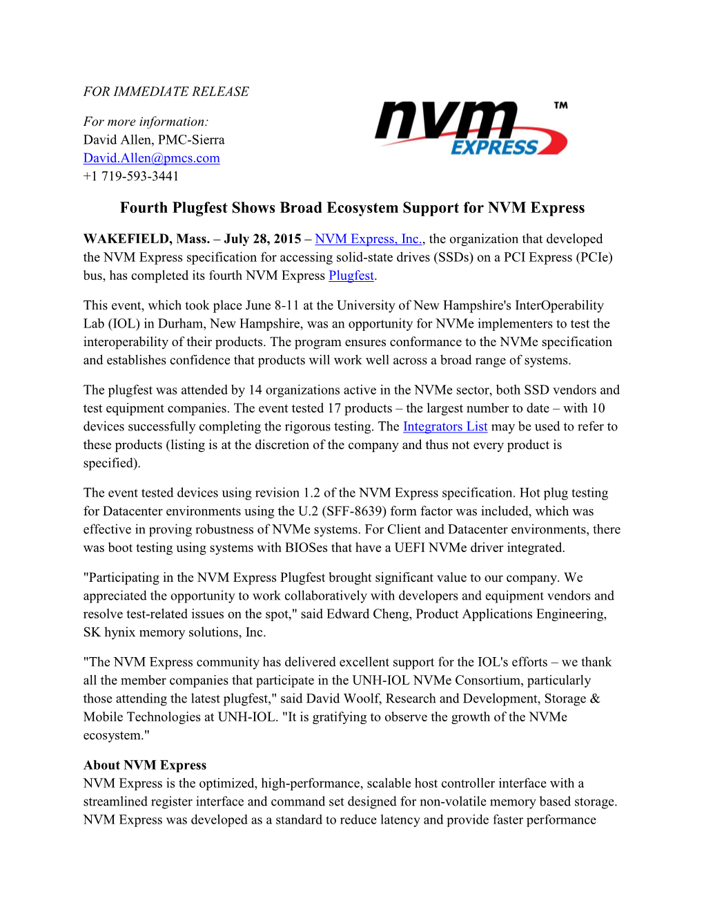 Fourth Plugfest Shows Broad Ecosystem Support for NVM Express