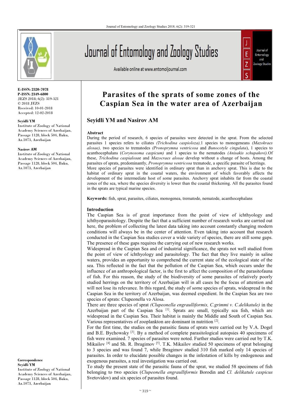 Parasites of the Sprats of Some Zones of the Caspian Sea in the Water