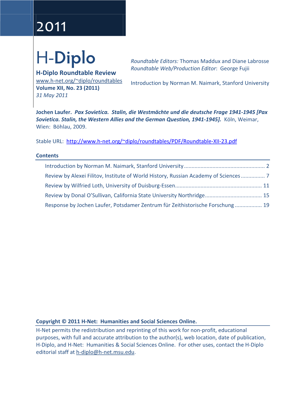 H-Diplo Roundtables, Vol. XII, No. 23 (2011)