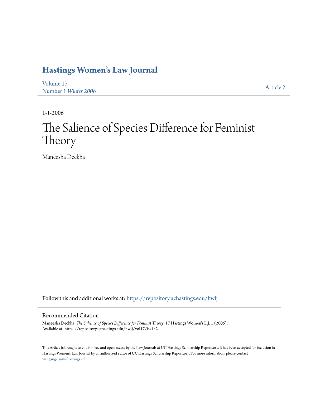 The Salience of Species Difference for Feminist Theory, 17 Hastings Women's L.J