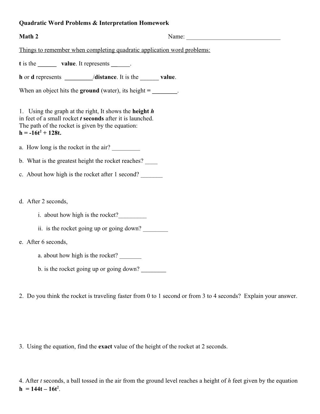 Quadratic Word Problems & Interpretation Homework