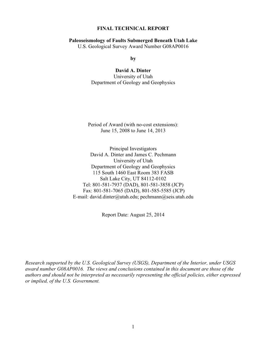 1 FINAL TECHNICAL REPORT Paleoseismology of Faults